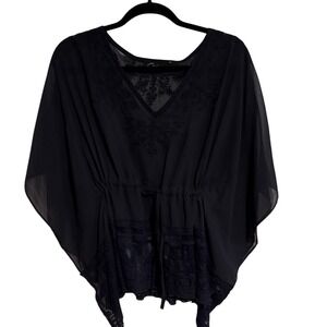 Cecico Woman's L Black Embroidered Lace Hem Kaftan Blouse Drawstring V-Neck Top